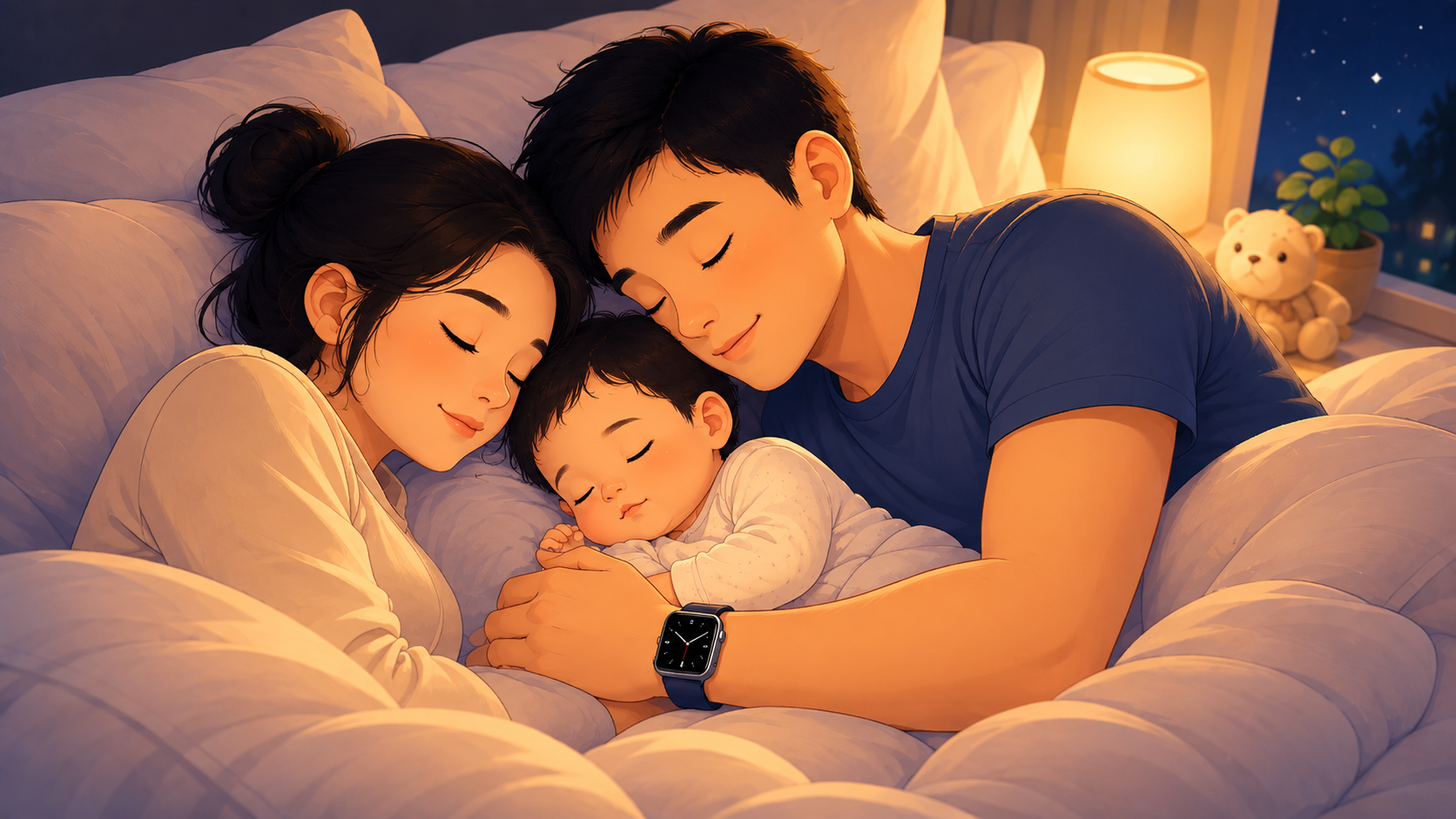 全家夜间入睡,爸爸手腕佩戴 Apple Watch